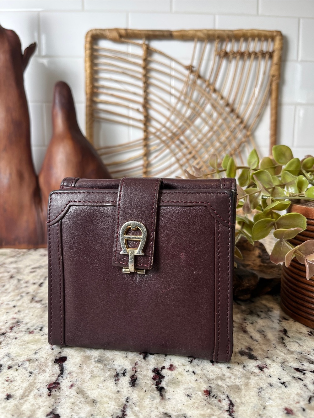 Etienne Aigner Burgundy Leather Small Wallet with Signature Buckle